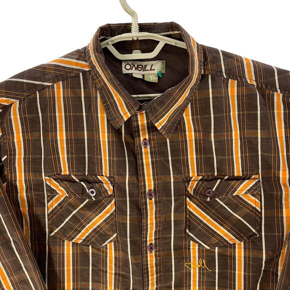 ONeill Shirt XL Brown Orange Plaid Button Up Long Sleeves Cotton Blend Vintage - Picture 1 of 7